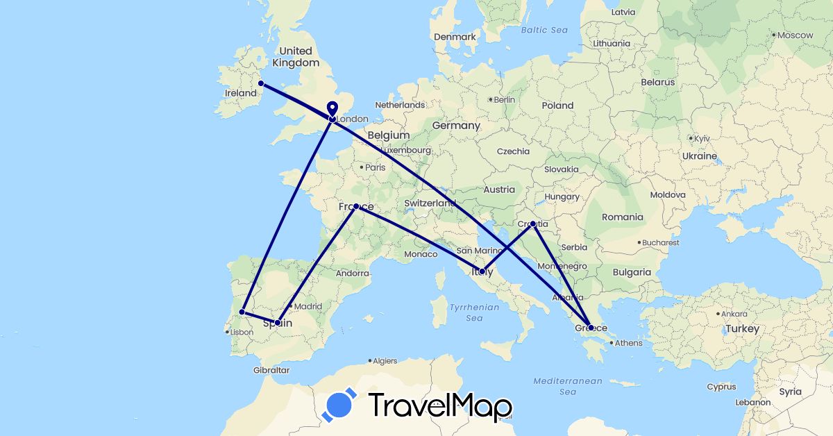TravelMap itinerary: driving in Spain, France, United Kingdom, Greece, Croatia, Ireland, Italy, Portugal (Europe)